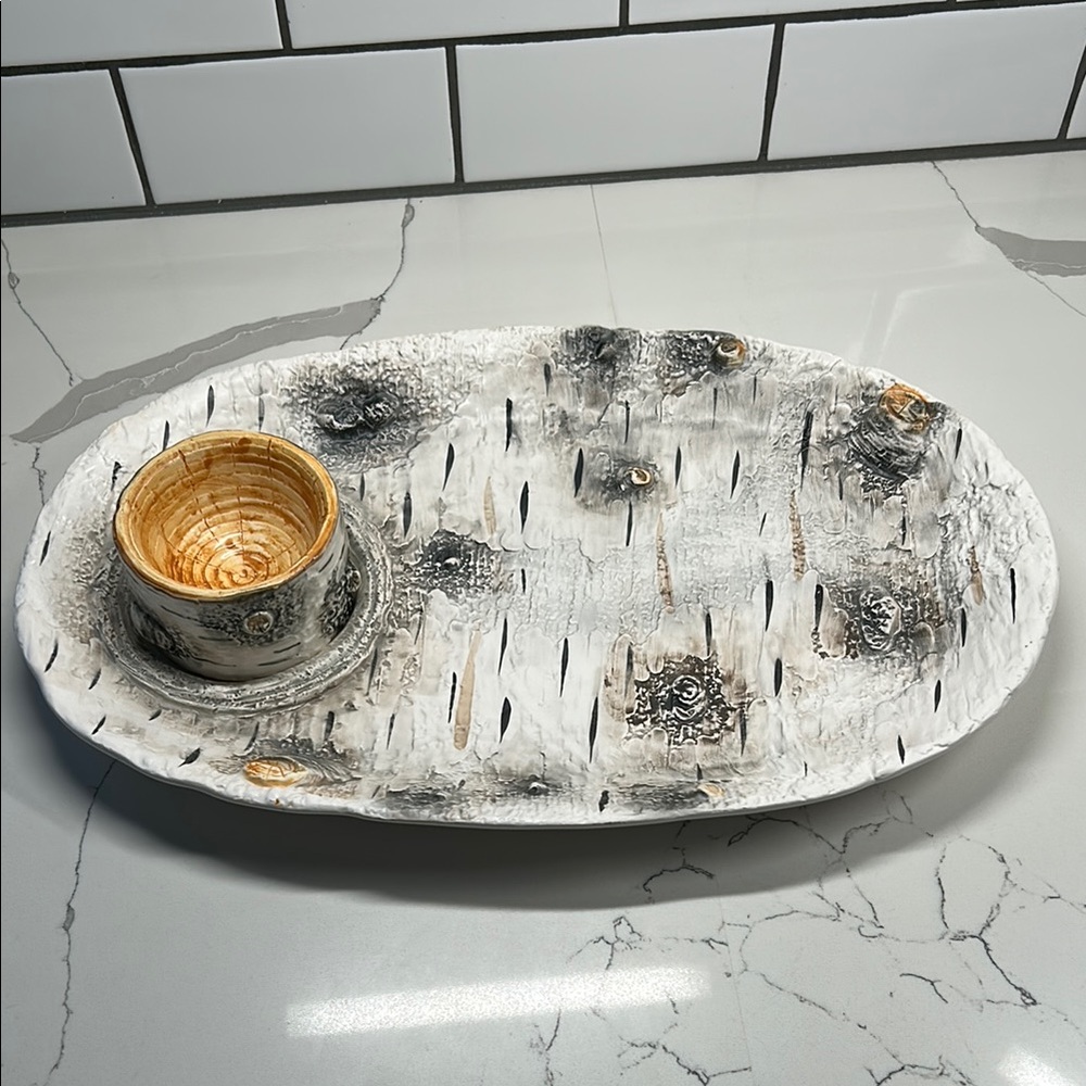 Vintage department 56 Birch and bark platter and dip tray 14x8